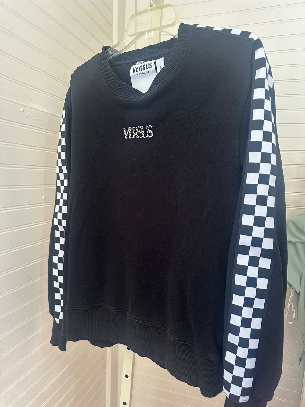 Versus Versace Black Crewneck Sweater with Checkerboard Sleeve Detail
